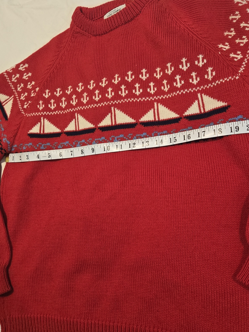 Men's 100% Wool Red Nautical Crewneck Sweater - Picture 9 of 11